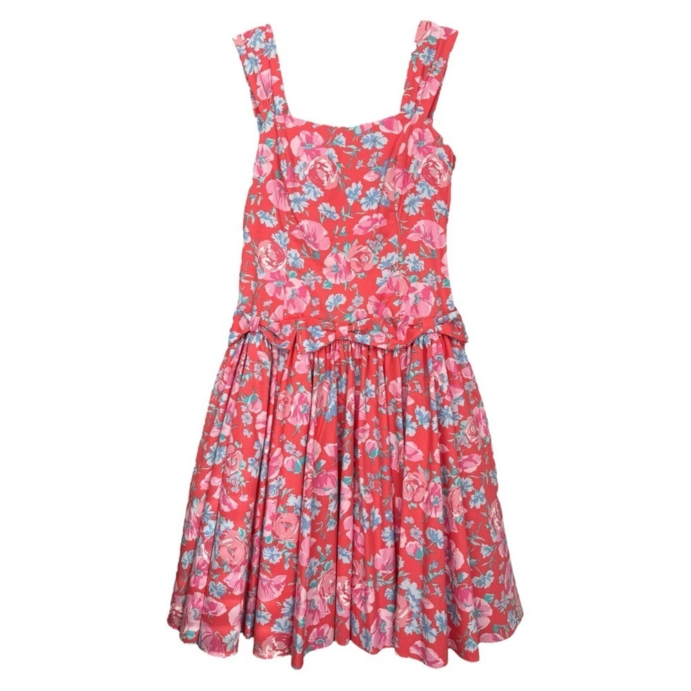 Vintage Laura Ashley Floral Bow Dress Size 10 Pink Red 90s Made in Great Britain